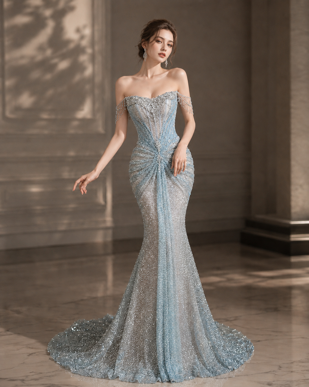 Luxury Ice Blue Crystal Beaded Strapless Mermaid Evening Gown with Sweep Train SL138