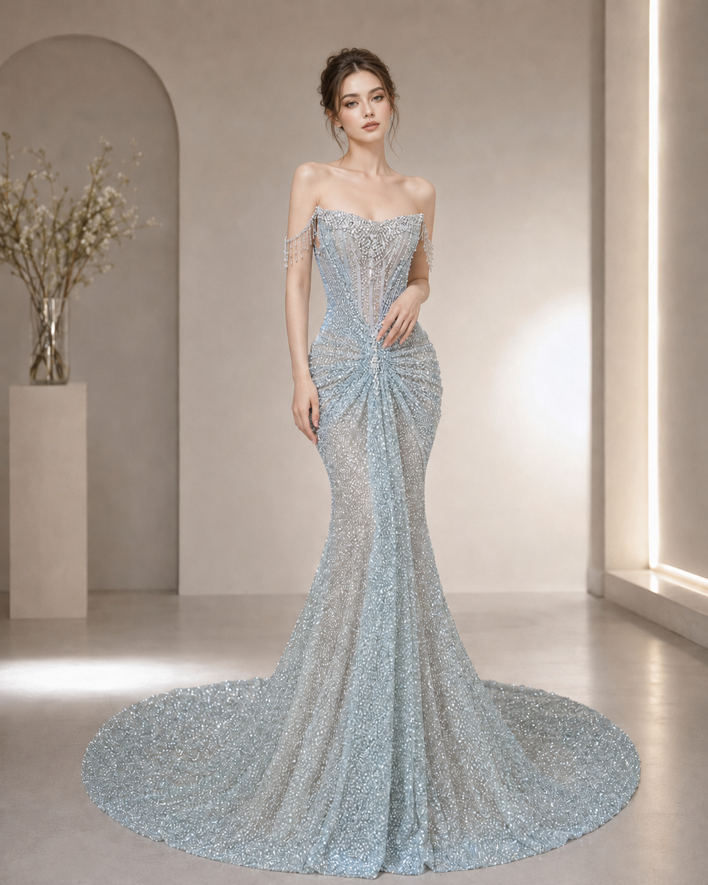 Luxury Ice Blue Crystal Beaded Strapless Mermaid Evening Gown with Sweep Train SL138
