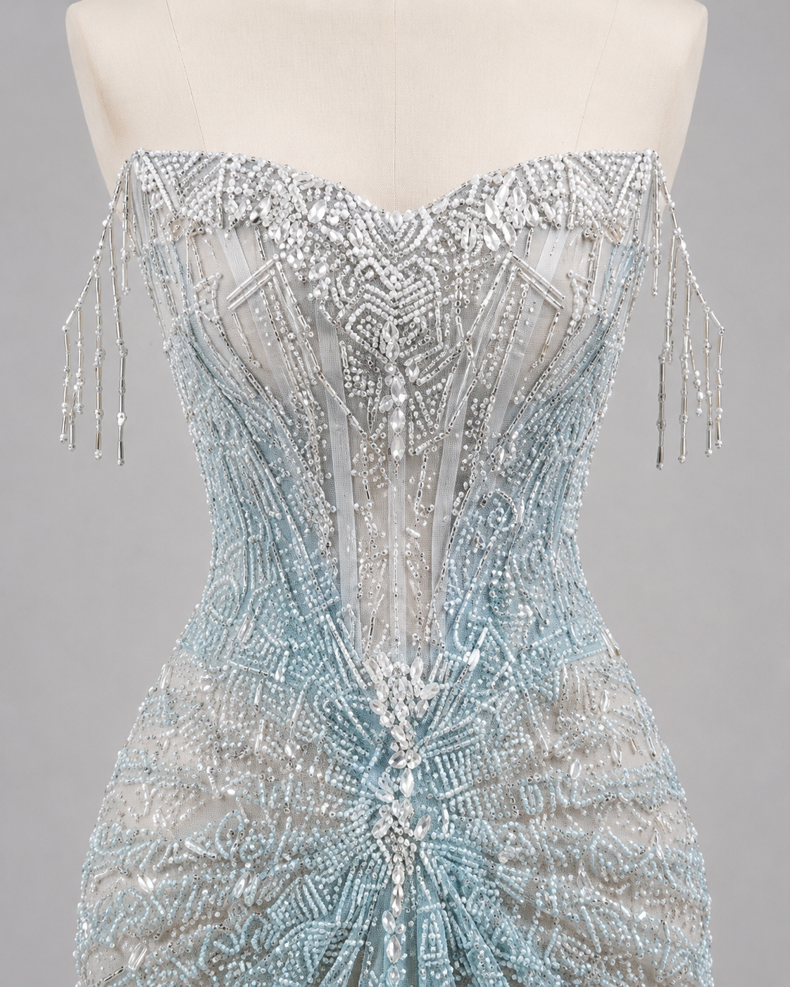 Luxury Ice Blue Crystal Beaded Strapless Mermaid Evening Gown with Sweep Train SL138