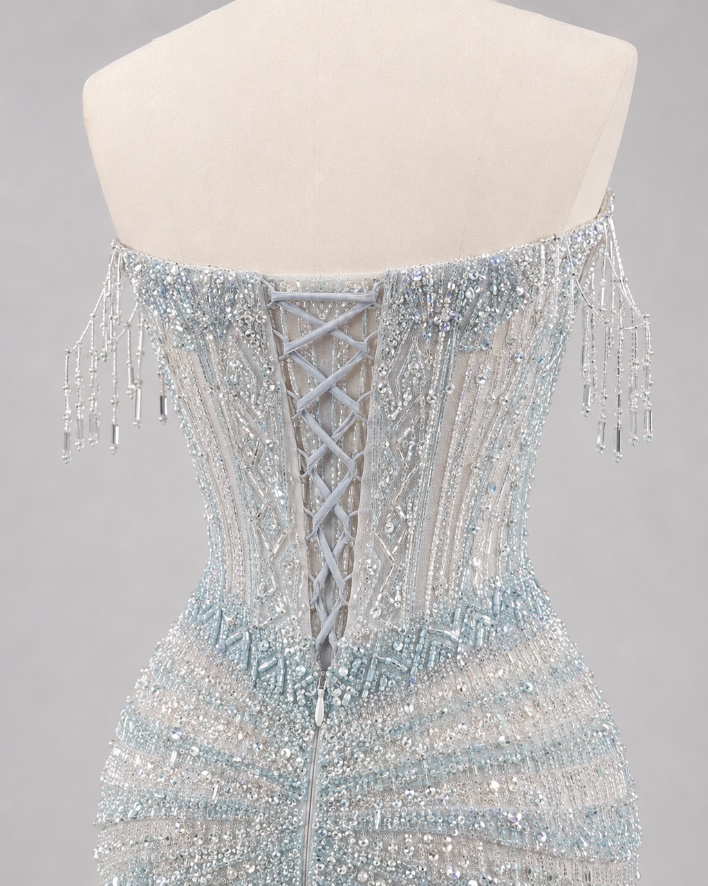 Luxury Ice Blue Crystal Beaded Strapless Mermaid Evening Gown with Sweep Train SL138