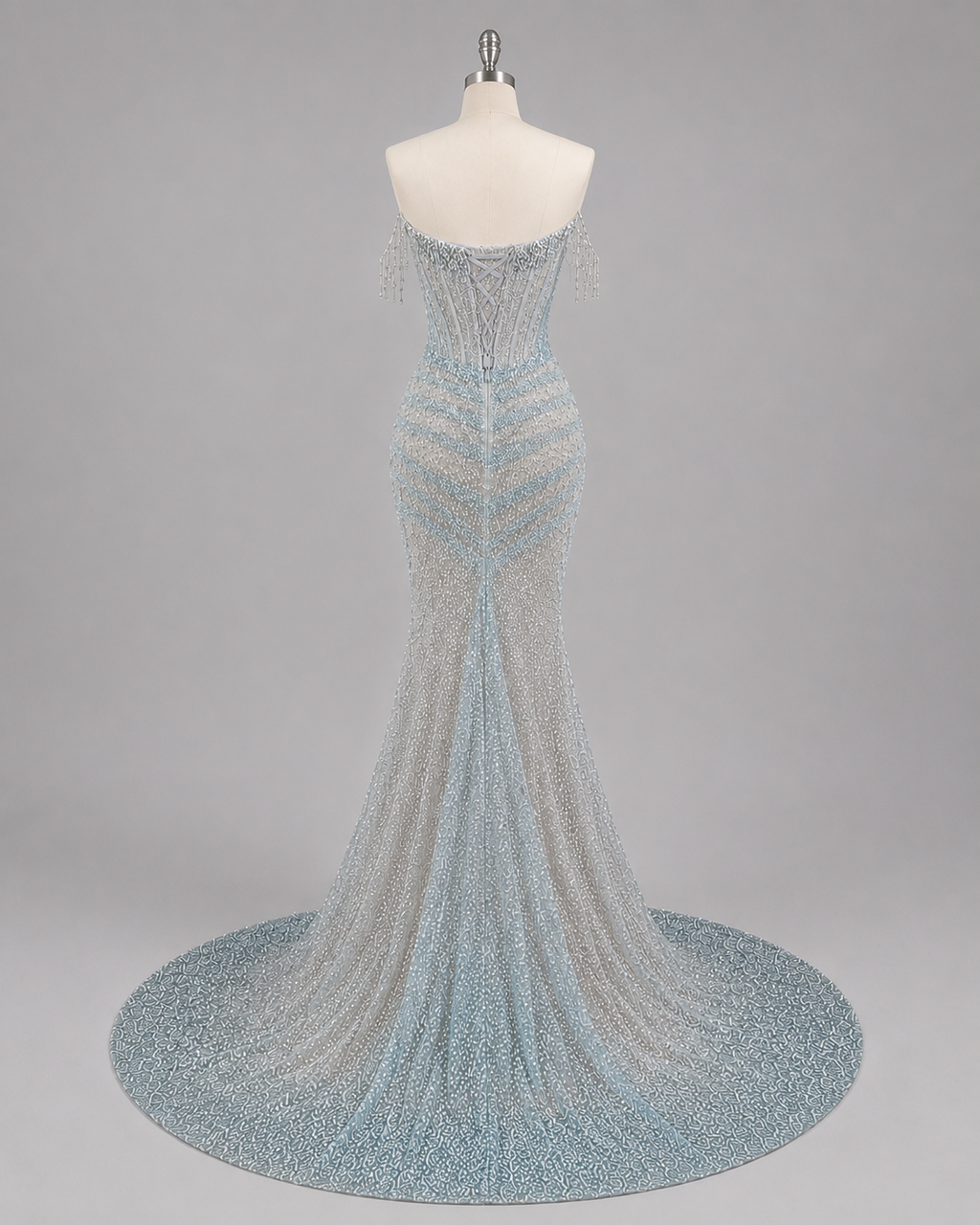 Luxury Ice Blue Crystal Beaded Strapless Mermaid Evening Gown with Sweep Train SL138