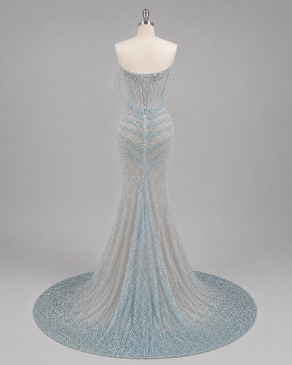 Luxury Ice Blue Crystal Beaded Strapless Mermaid Evening Gown with Sweep Train SL138