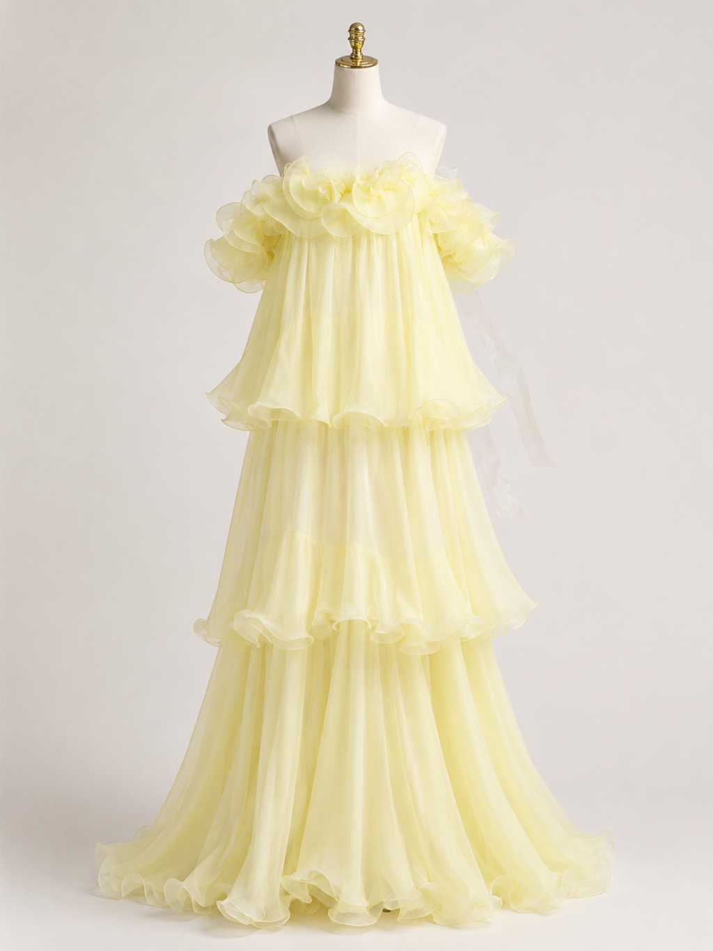 Romantic Pastel Yellow Tulle Evening Dress with Soft Ruffles SL145
