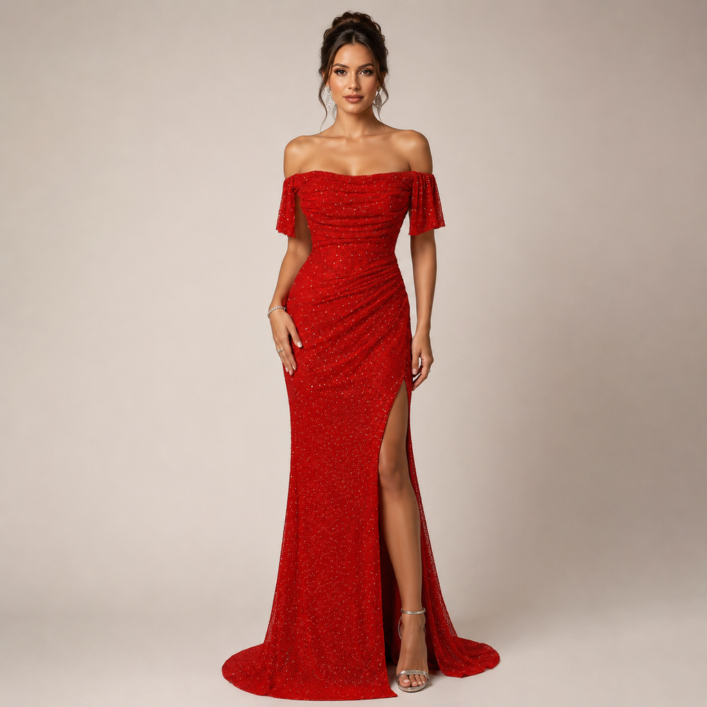 Sparkling Red Off-Shoulder Evening Dress with Side Slit SL162