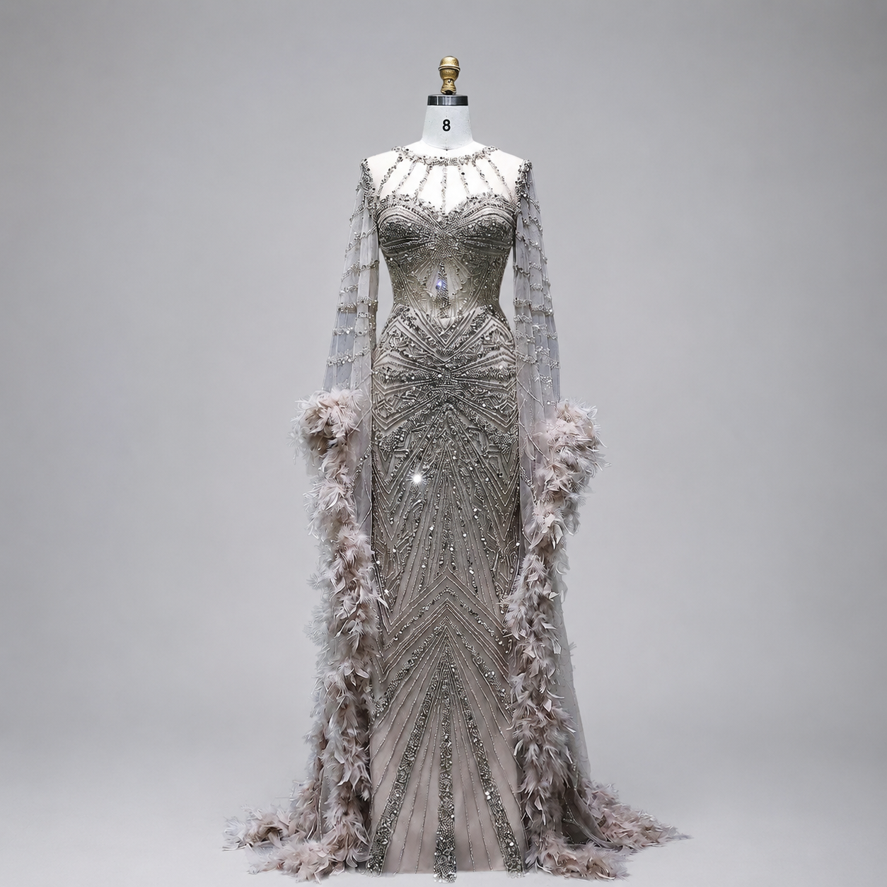 Champagne Feather Trim Crystal Mermaid Dress for Prom Formal Events SL169
