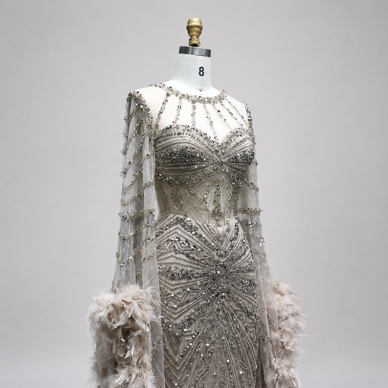 Champagne Feather Trim Crystal Mermaid Dress for Prom Formal Events SL169