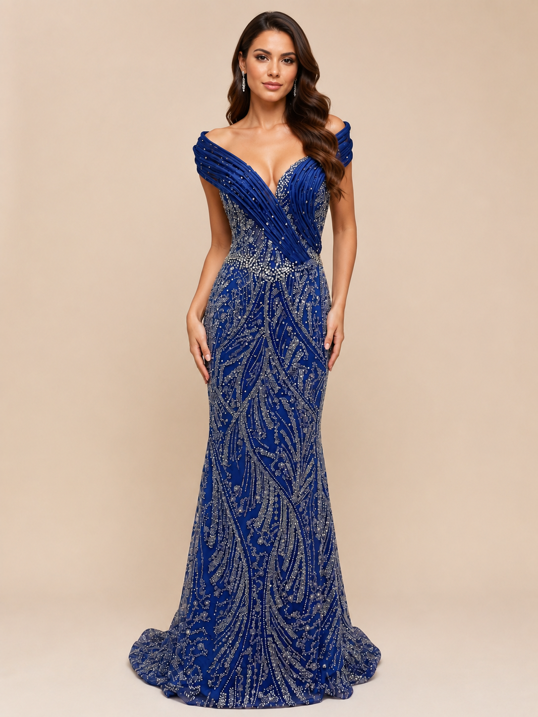 Elegent Royal Blue Beaded Evening Gown with Draped Neckline SL196
