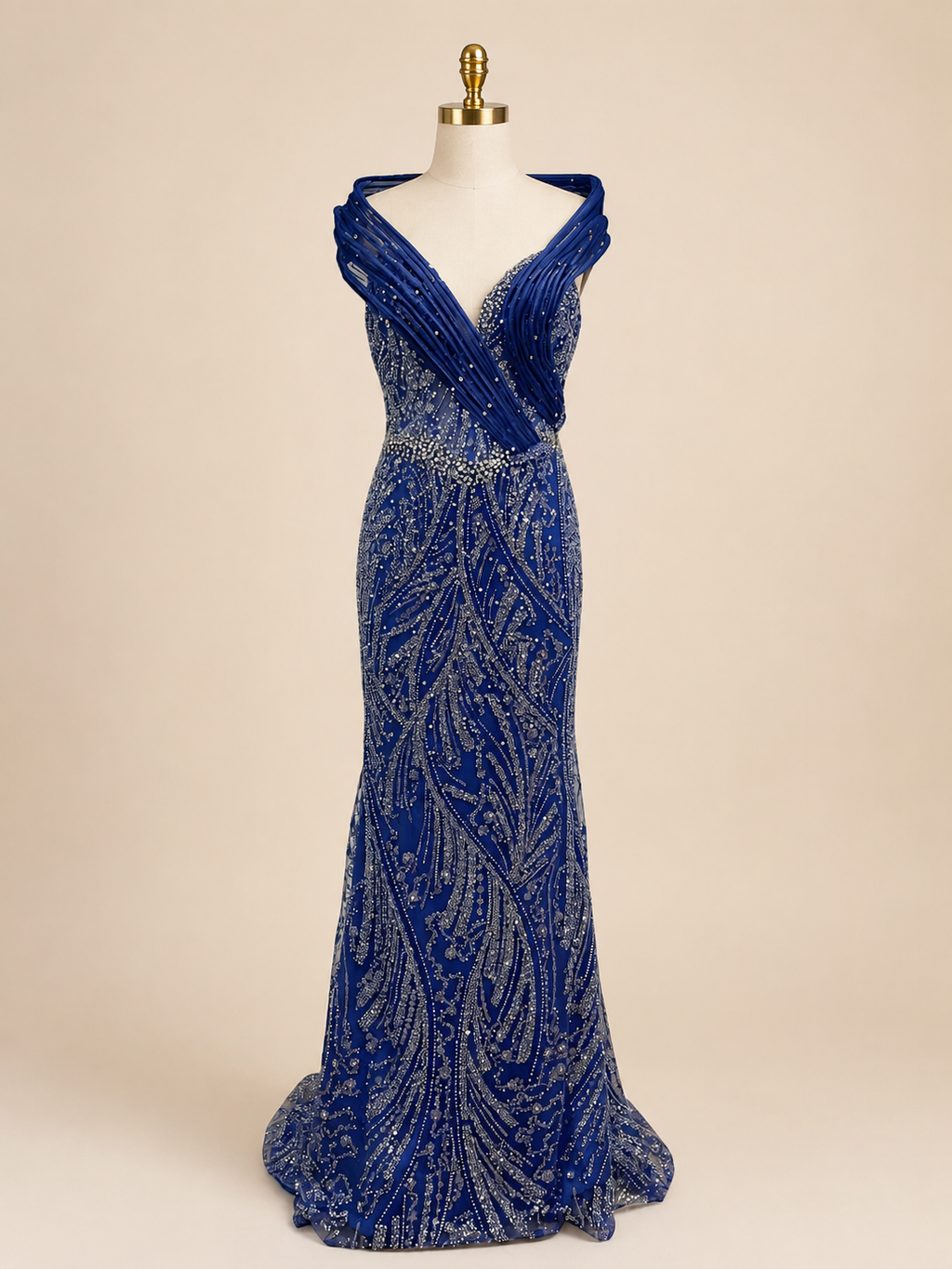 Elegent Royal Blue Beaded Evening Gown with Draped Neckline SL196
