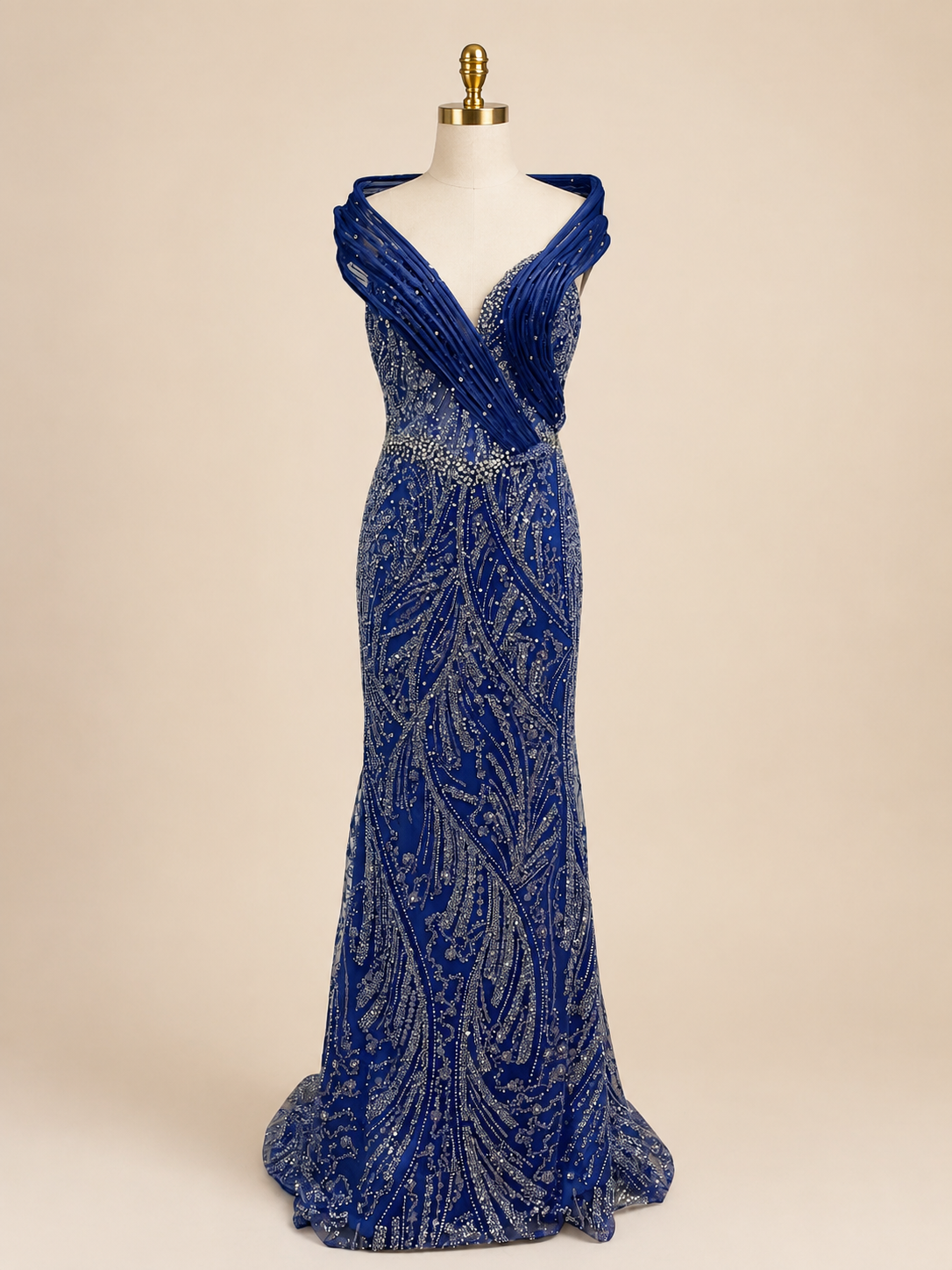 Elegent Royal Blue Beaded Evening Gown with Draped Neckline SL196