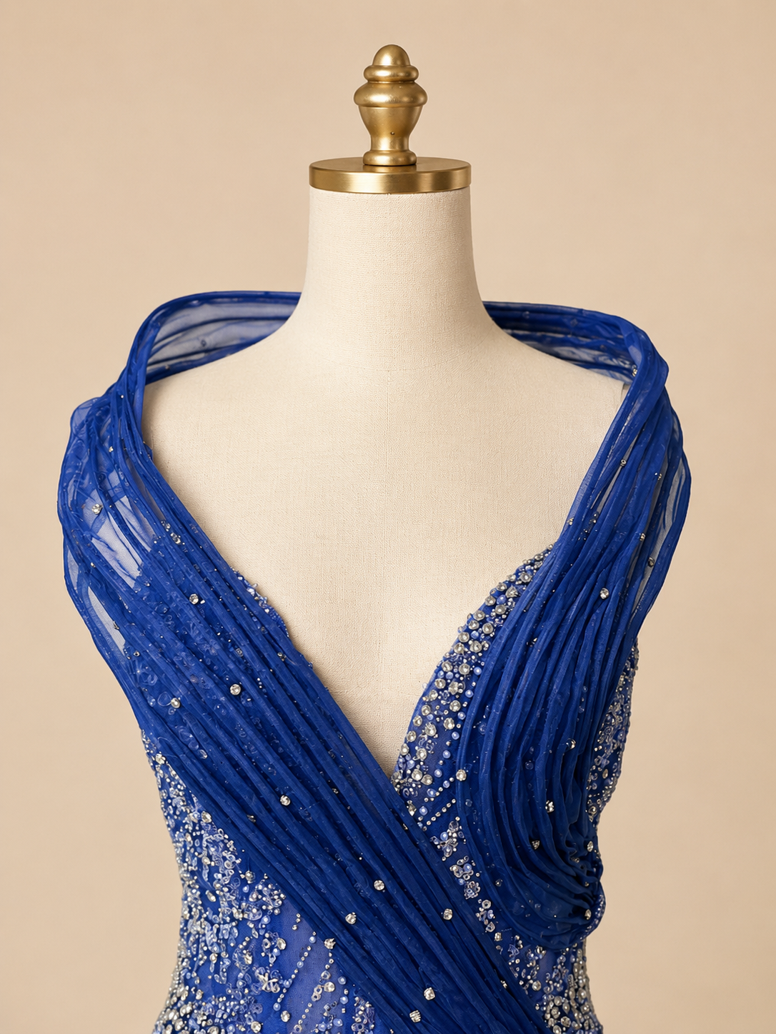 Elegent Royal Blue Beaded Evening Gown with Draped Neckline SL196