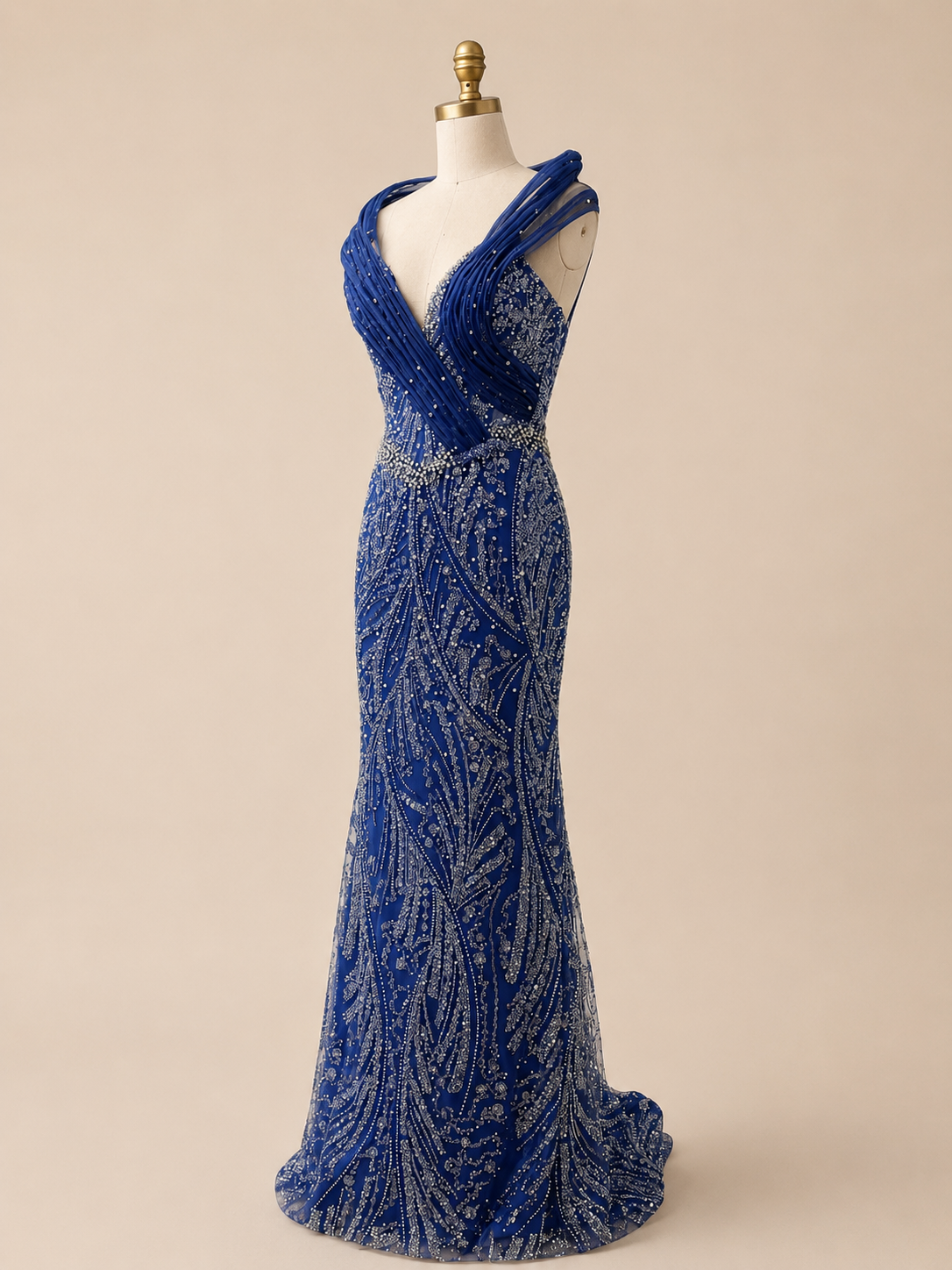 Elegent Royal Blue Beaded Evening Gown with Draped Neckline SL196