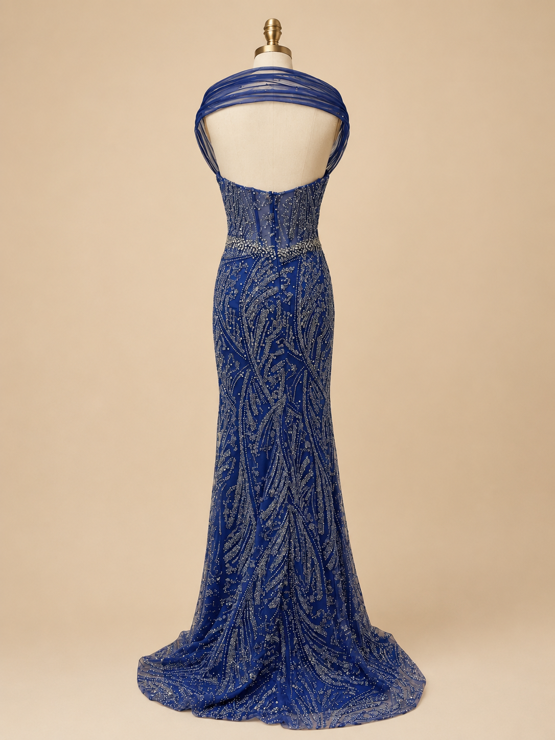 Elegent Royal Blue Beaded Evening Gown with Draped Neckline SL196