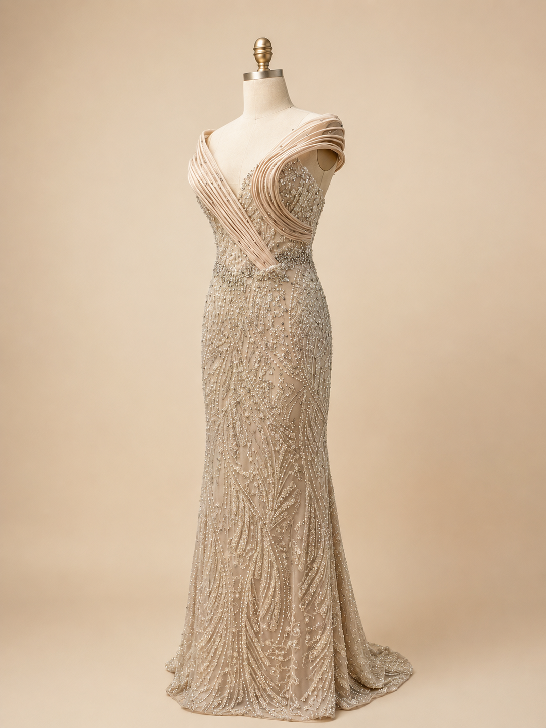 Elegent Royal Blue Beaded Evening Gown with Draped Neckline SL196