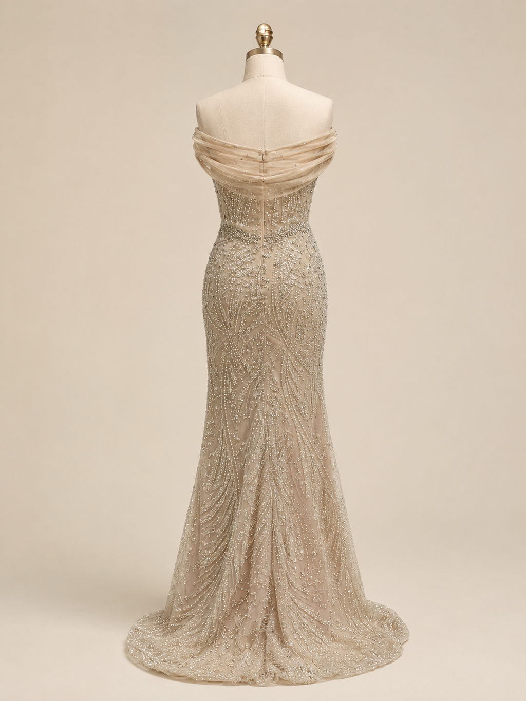 Elegent Royal Blue Beaded Evening Gown with Draped Neckline SL196