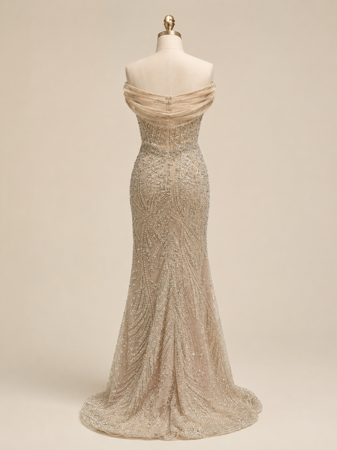 Elegent Royal Blue Beaded Evening Gown with Draped Neckline SL196