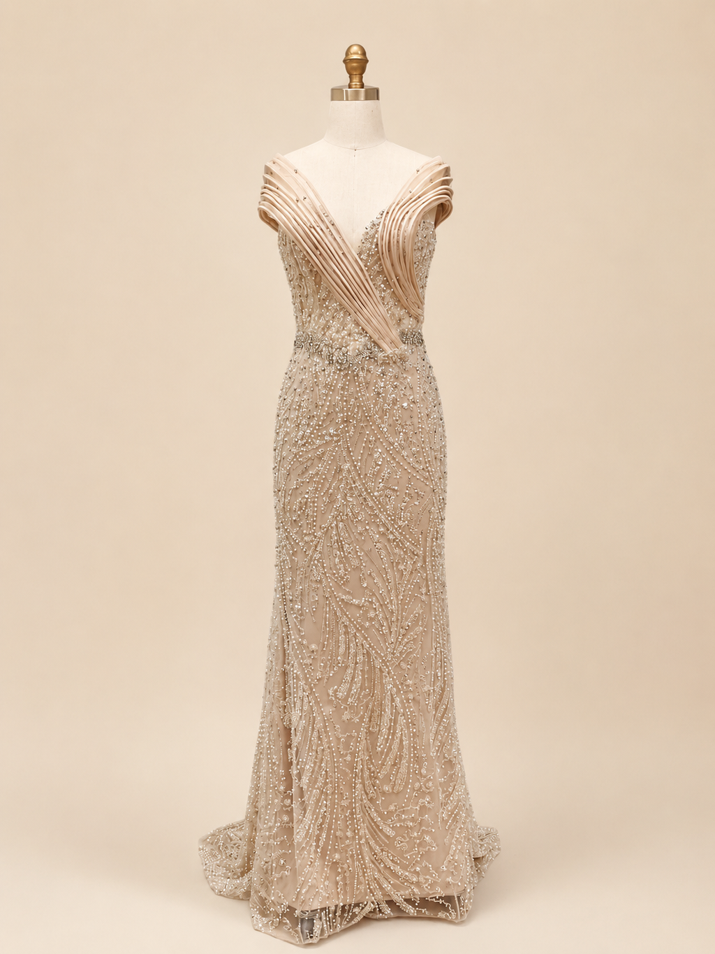 Elegent Royal Blue Beaded Evening Gown with Draped Neckline SL196