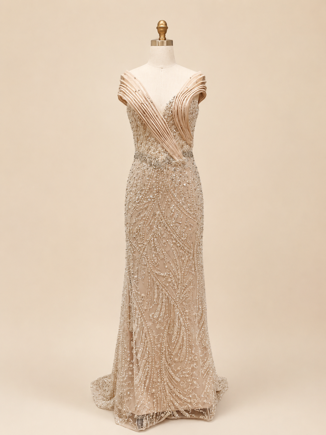 Elegent Royal Blue Beaded Evening Gown with Draped Neckline SL196