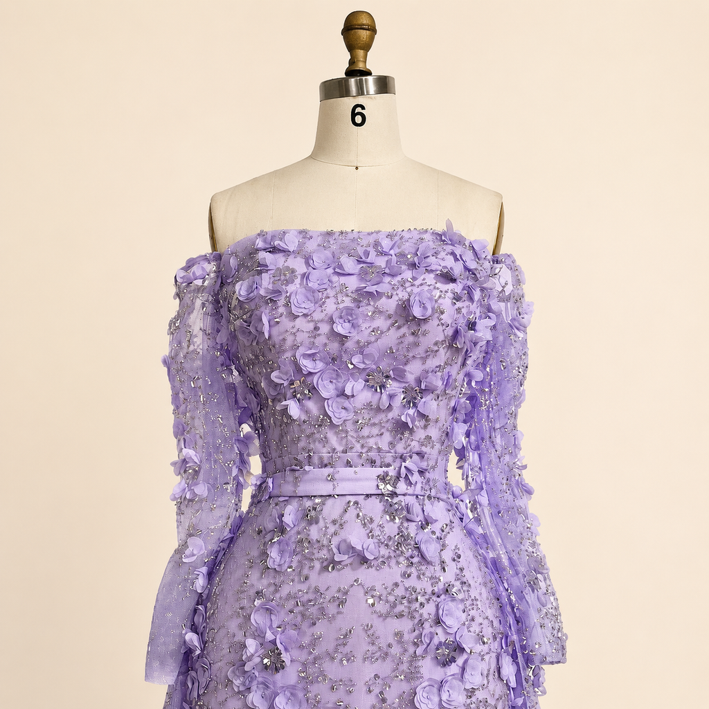 Elegent White Off-Shoulder 3D Floral Evening Gown with Sheer Sleeves SL200