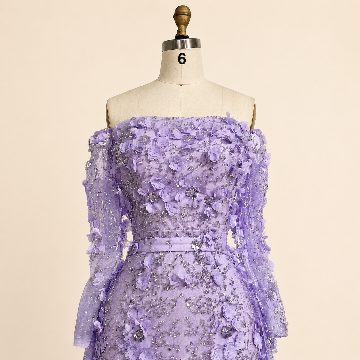 Elegent White Off-Shoulder 3D Floral Evening Gown with Sheer Sleeves SL200