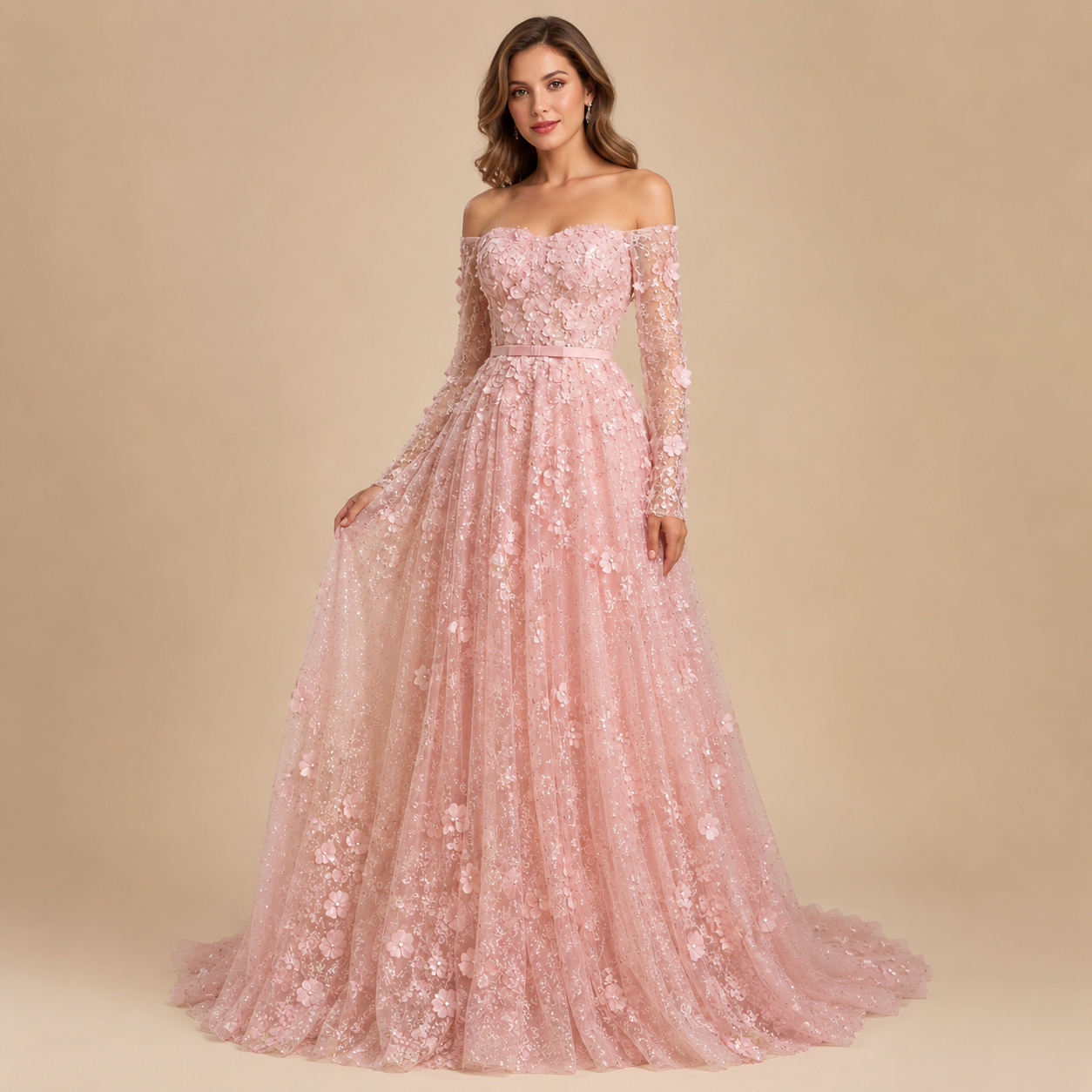 Elegent White Off-Shoulder 3D Floral Evening Gown with Sheer Sleeves SL200