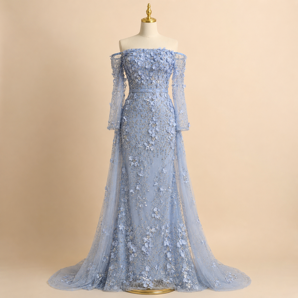 Elegent White Off-Shoulder 3D Floral Evening Gown with Sheer Sleeves SL200