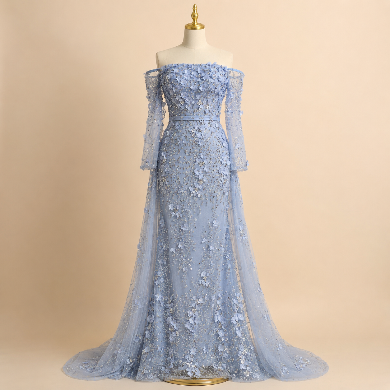 Elegent White Off-Shoulder 3D Floral Evening Gown with Sheer Sleeves SL200