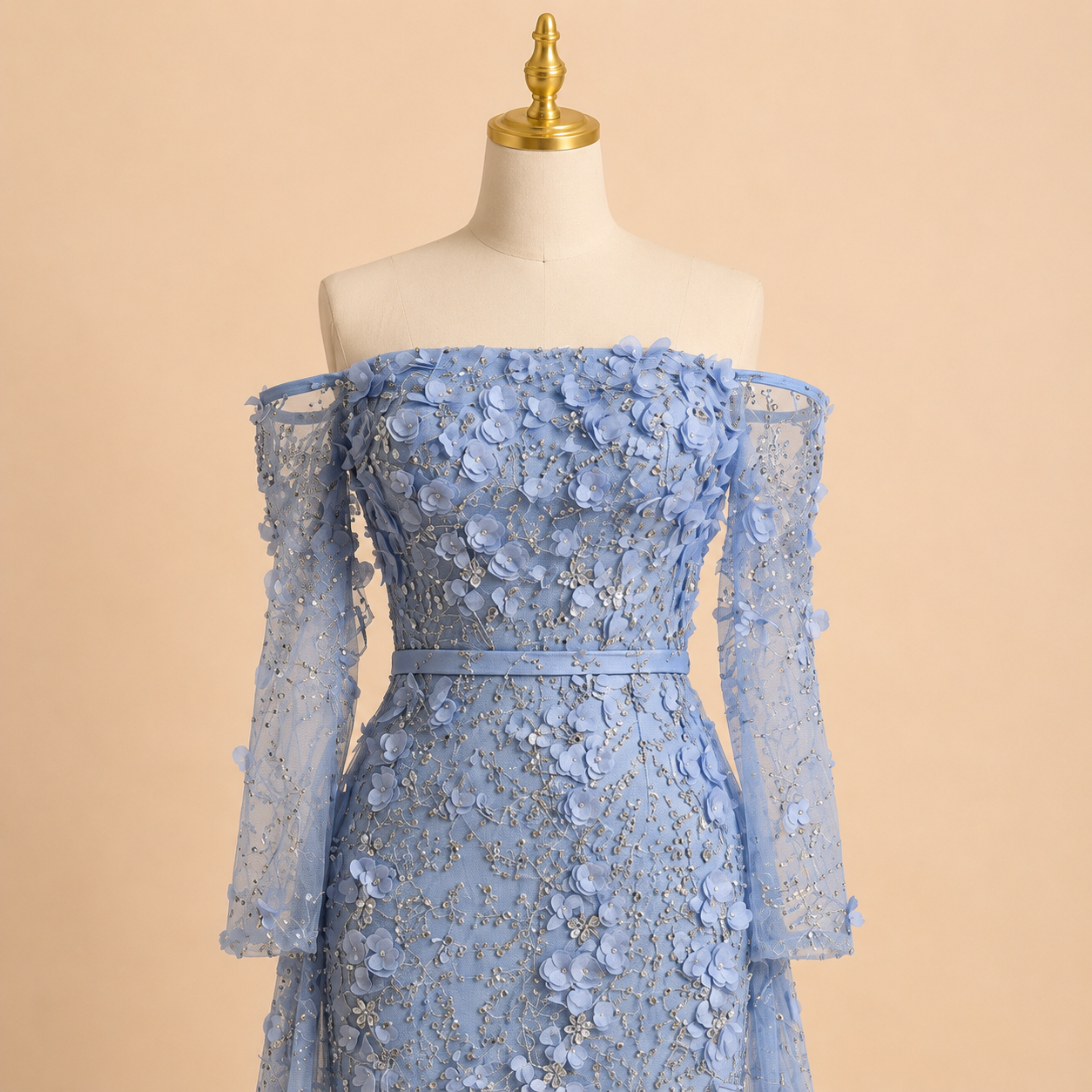 Elegent White Off-Shoulder 3D Floral Evening Gown with Sheer Sleeves SL200