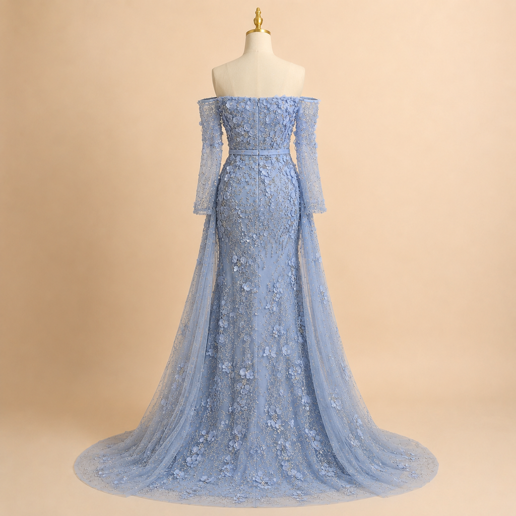 Elegent White Off-Shoulder 3D Floral Evening Gown with Sheer Sleeves SL200