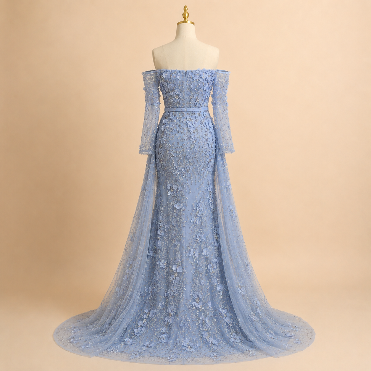 Elegent White Off-Shoulder 3D Floral Evening Gown with Sheer Sleeves SL200