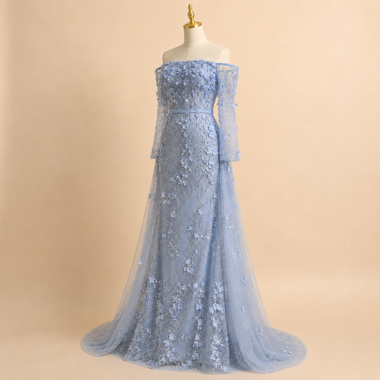Elegent White Off-Shoulder 3D Floral Evening Gown with Sheer Sleeves SL200