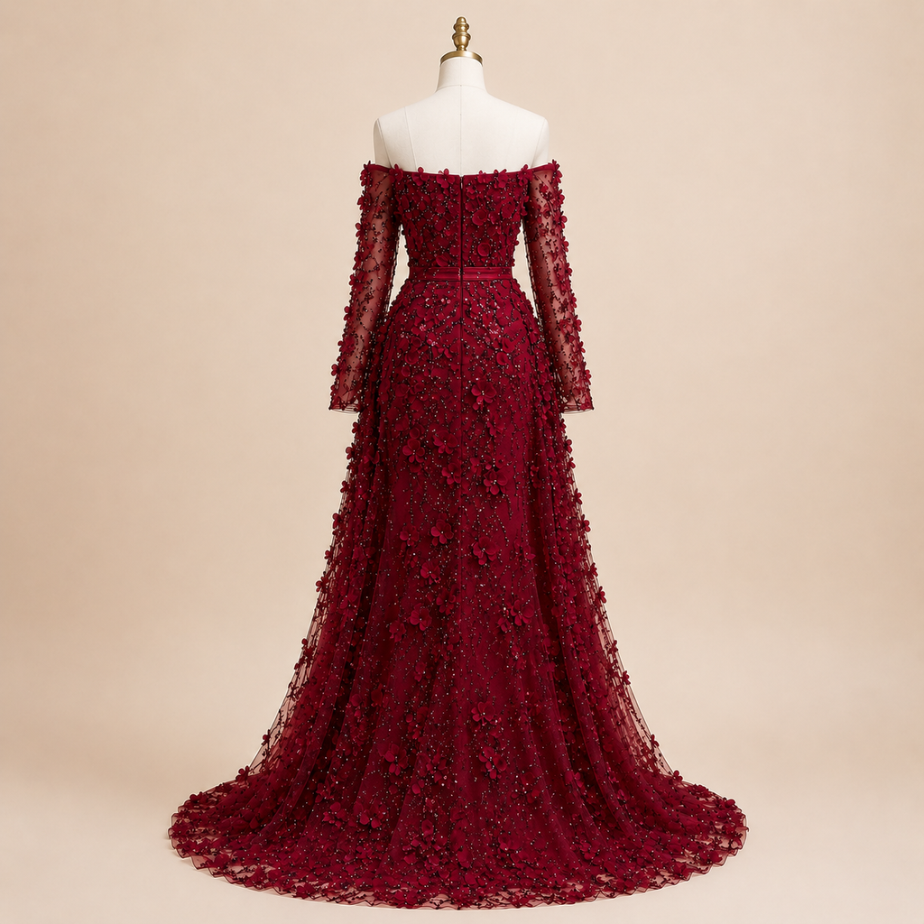 Elegent White Off-Shoulder 3D Floral Evening Gown with Sheer Sleeves SL200