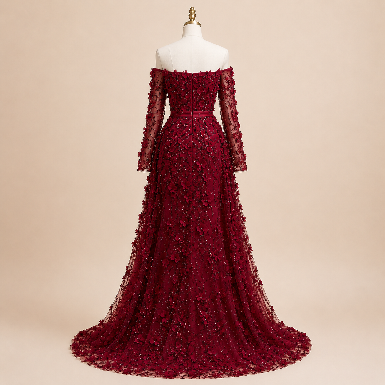 Elegent White Off-Shoulder 3D Floral Evening Gown with Sheer Sleeves SL200