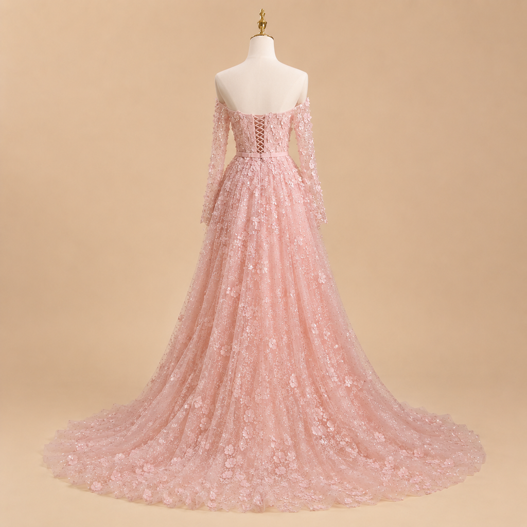Elegent White Off-Shoulder 3D Floral Evening Gown with Sheer Sleeves SL200