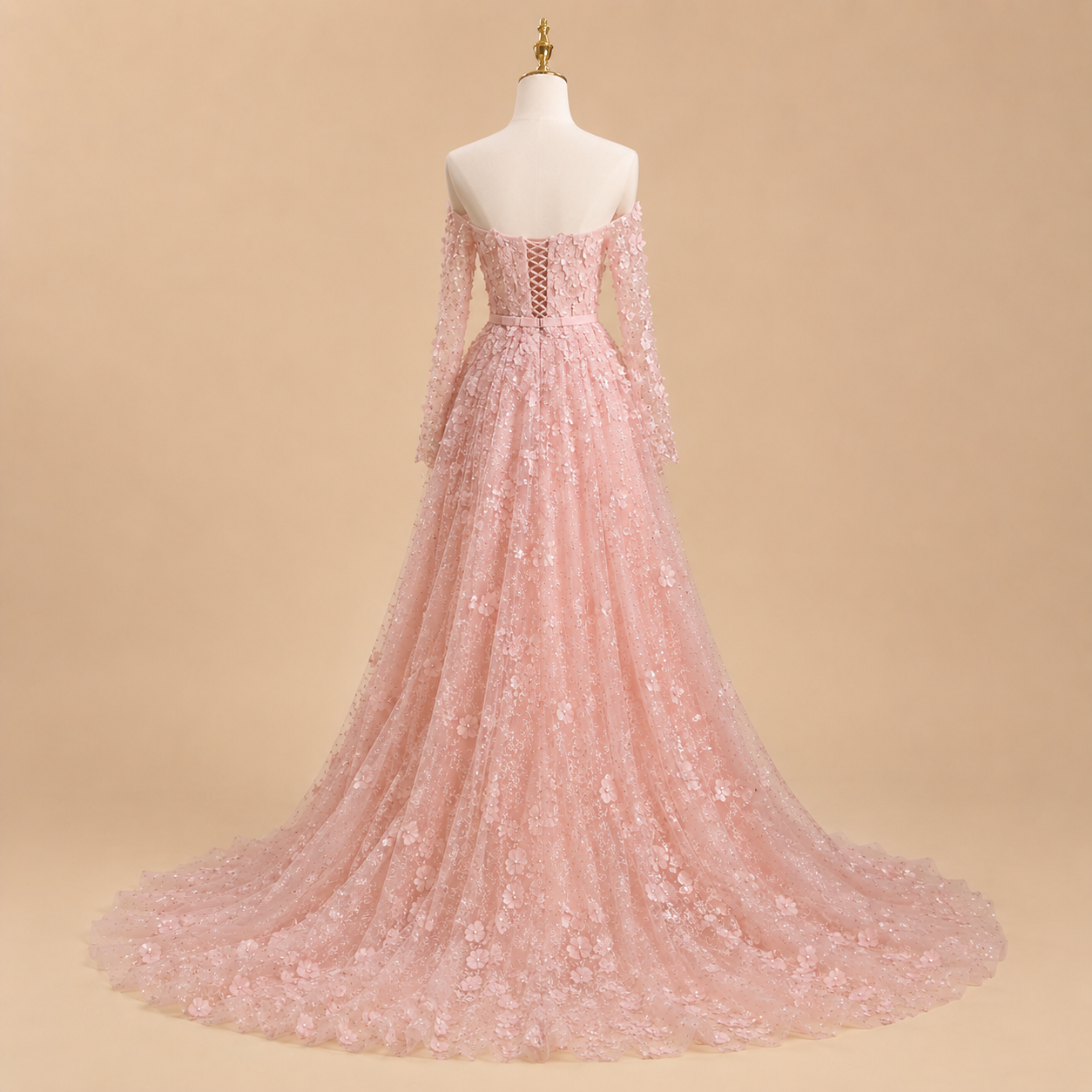 Elegent White Off-Shoulder 3D Floral Evening Gown with Sheer Sleeves SL200