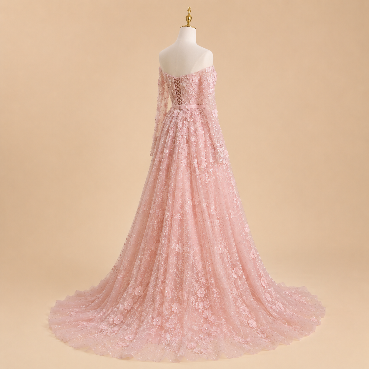 Elegent White Off-Shoulder 3D Floral Evening Gown with Sheer Sleeves SL200
