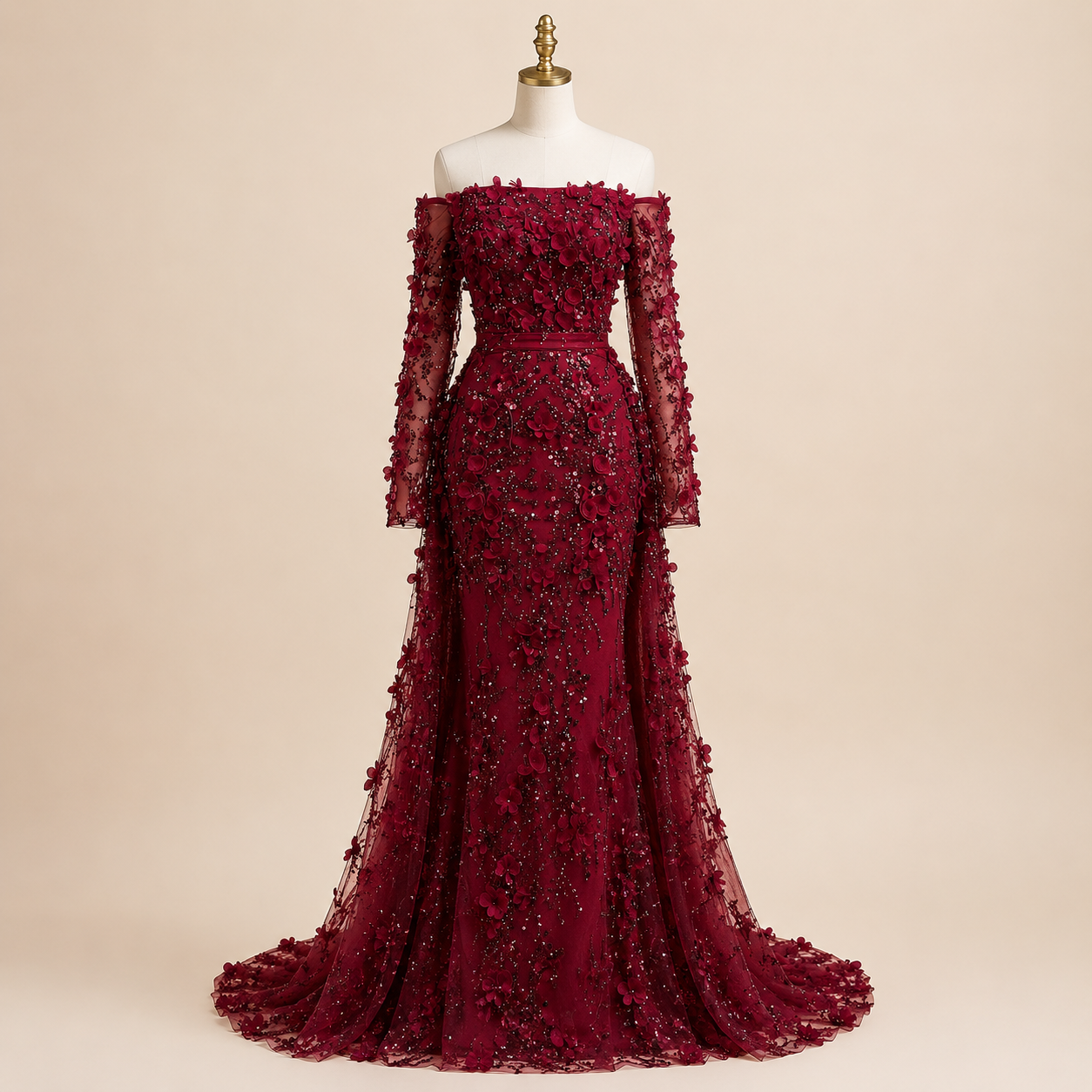 Elegent White Off-Shoulder 3D Floral Evening Gown with Sheer Sleeves SL200
