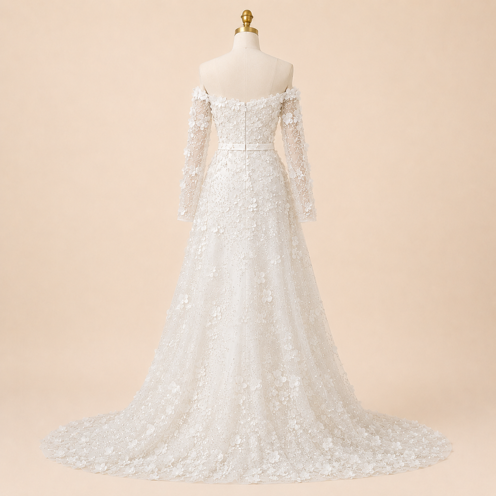 Elegent White Off-Shoulder 3D Floral Evening Gown with Sheer Sleeves SL200