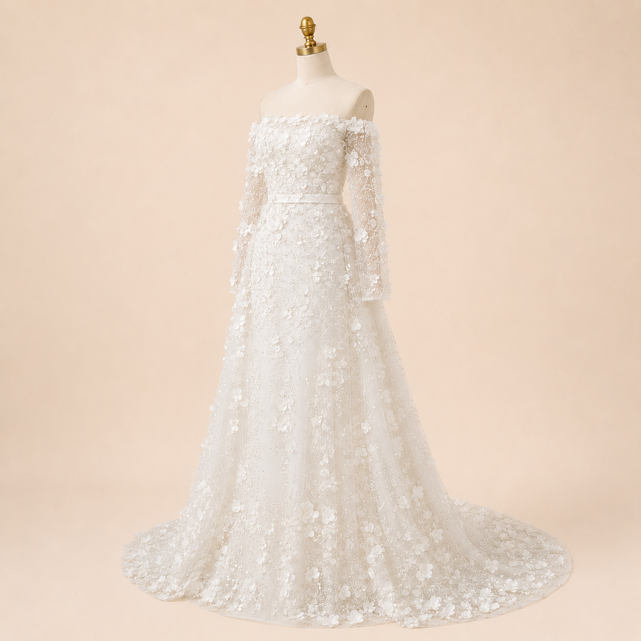 Elegent White Off-Shoulder 3D Floral Evening Gown with Sheer Sleeves SL200