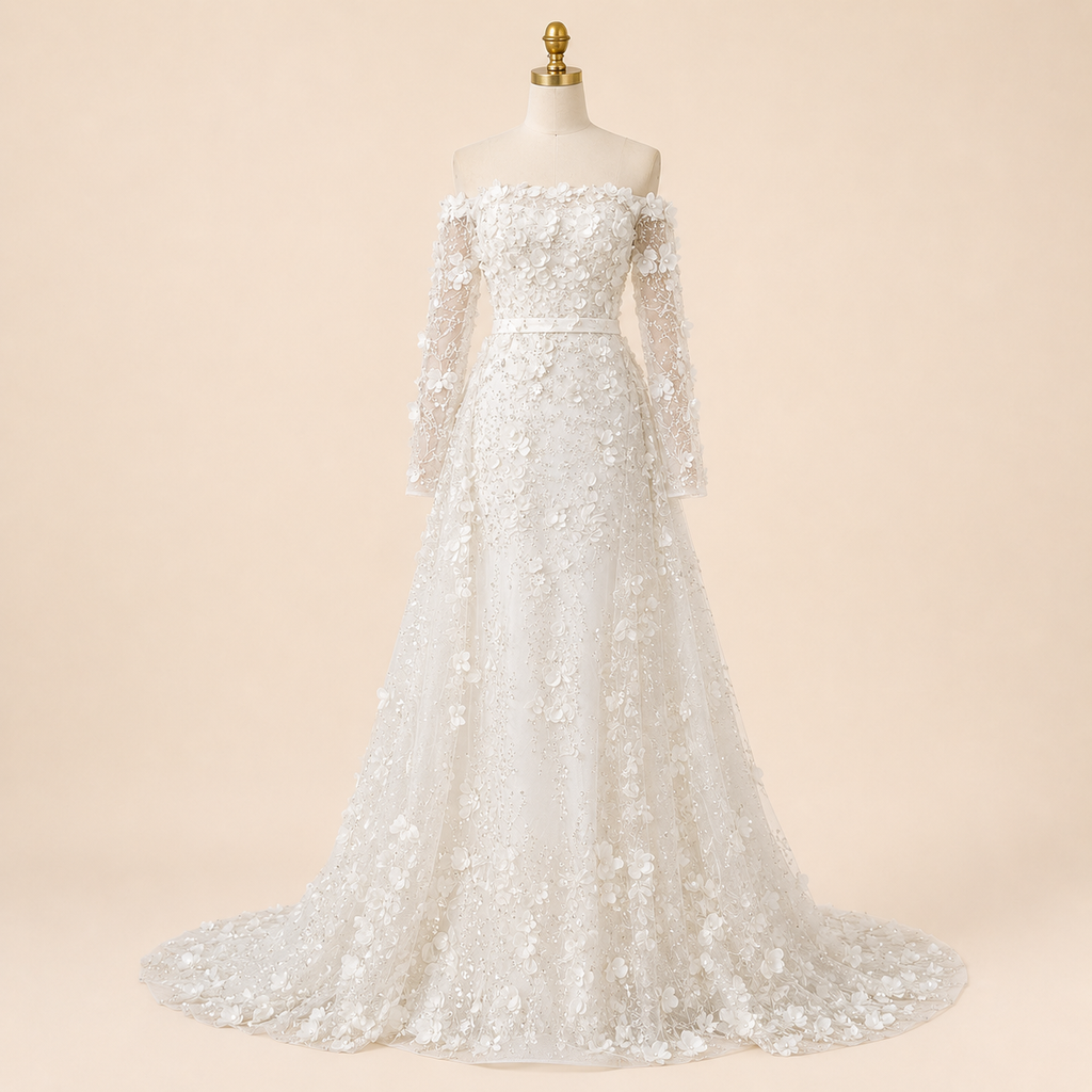 Elegent White Off-Shoulder 3D Floral Evening Gown with Sheer Sleeves SL200