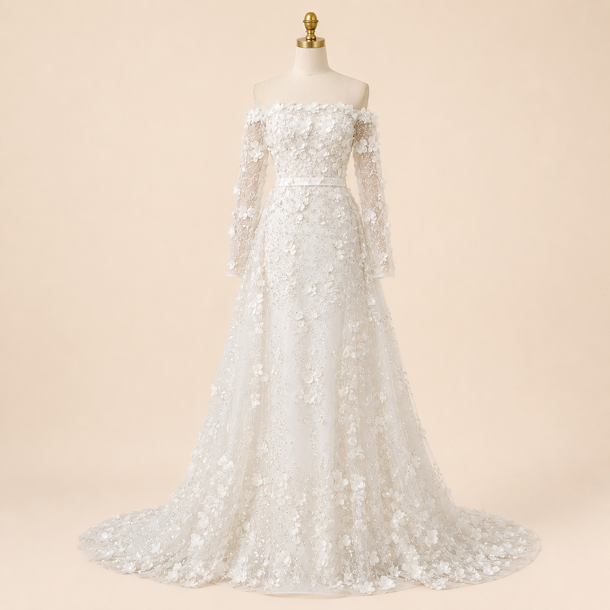 Elegent White Off-Shoulder 3D Floral Evening Gown with Sheer Sleeves SL200