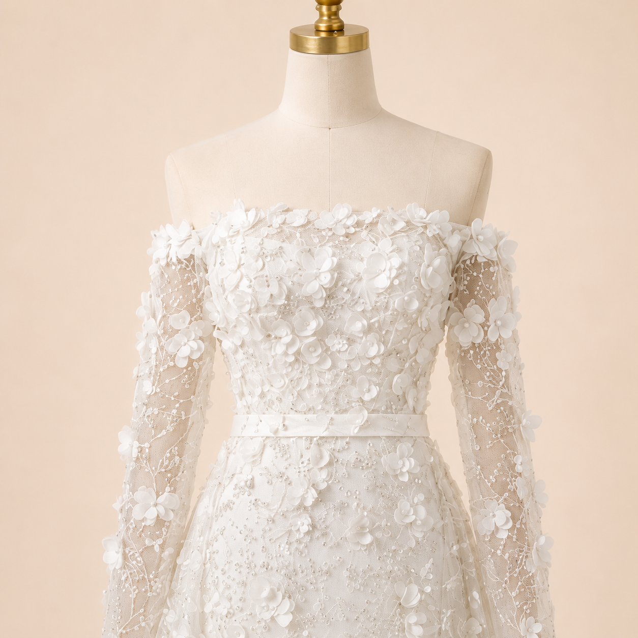 Elegent White Off-Shoulder 3D Floral Evening Gown with Sheer Sleeves SL200