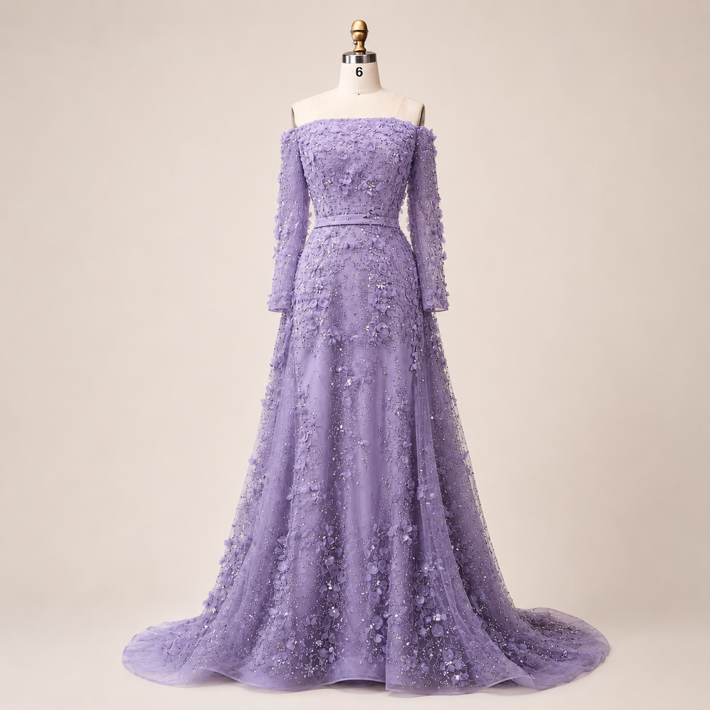 Elegent White Off-Shoulder 3D Floral Evening Gown with Sheer Sleeves SL200