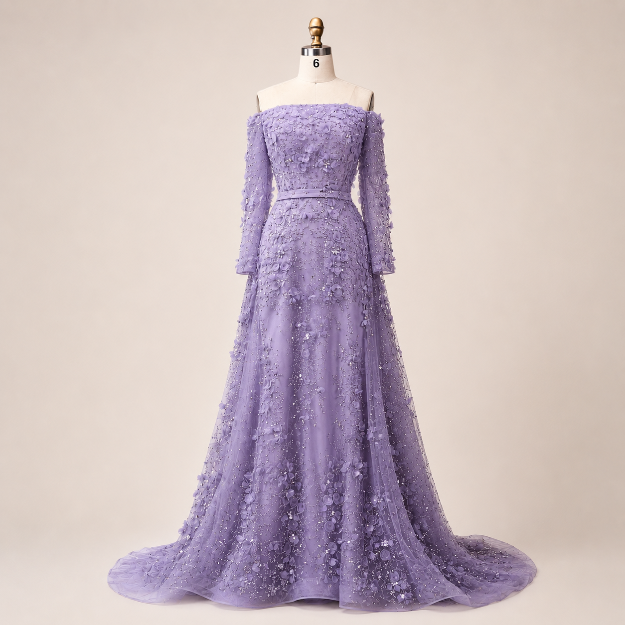 Elegent White Off-Shoulder 3D Floral Evening Gown with Sheer Sleeves SL200