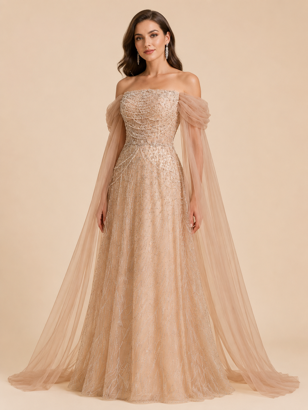 Luxury Brown Off-Shoulder Beaded Evening Gown SL201
