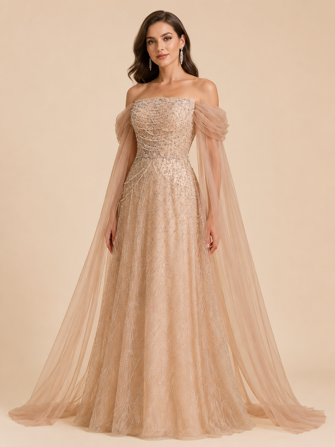Luxury Brown Off-Shoulder Beaded Evening Gown SL201
