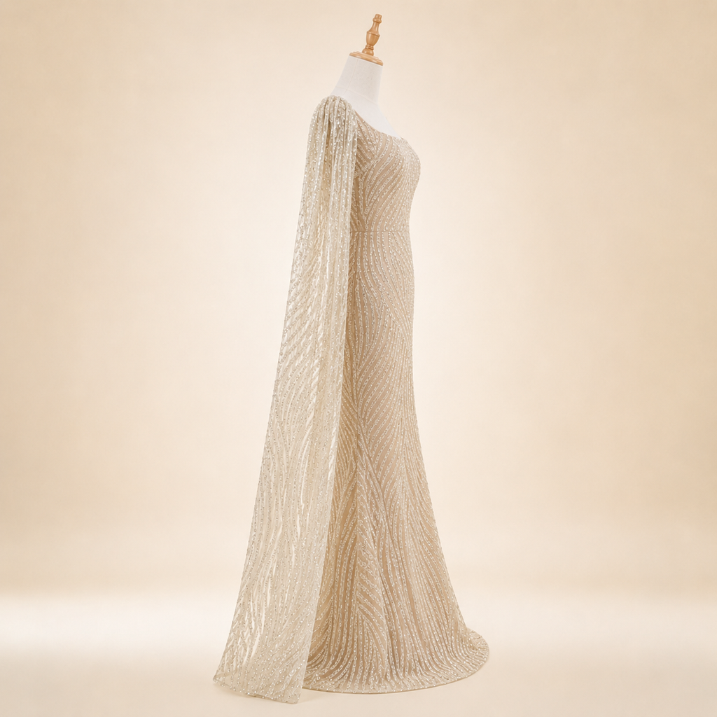 Elegant Champagne Glitter Formal Dress with Dramatic Sleeves SL206