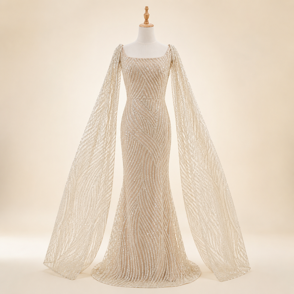 Elegant Champagne Glitter Formal Dress with Dramatic Sleeves SL206