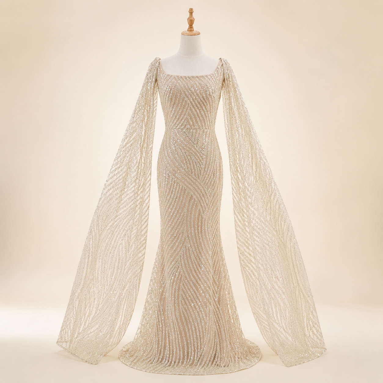 Elegant Champagne Glitter Formal Dress with Dramatic Sleeves SL206