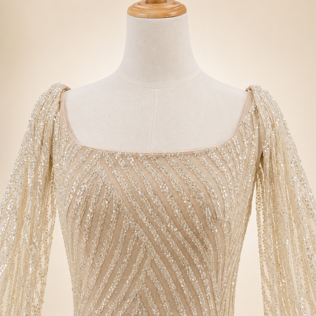 Elegant Champagne Glitter Formal Dress with Dramatic Sleeves SL206