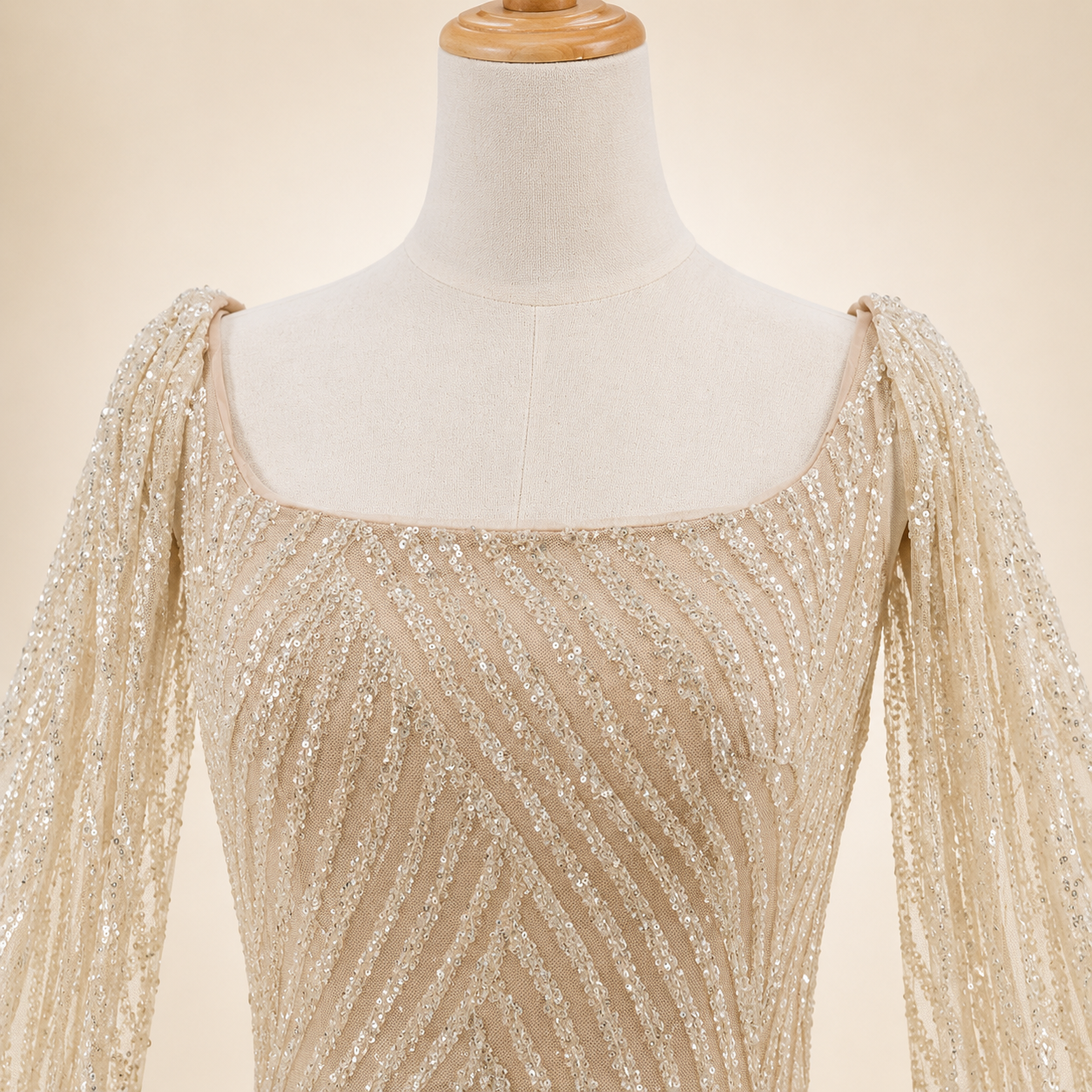 Elegant Champagne Glitter Formal Dress with Dramatic Sleeves SL206